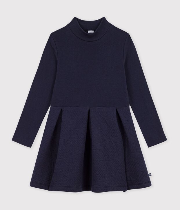 Robe enfant en coton manches longues unie bleu marine