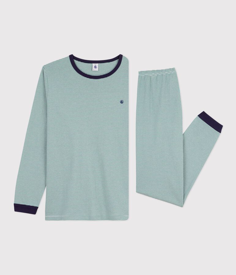 Pyjama enfant en coton &agrave; rayures vert/blanc
