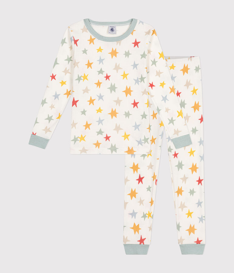 Aansluitende katoenen kinderpyjama met sterrenprint wit/multicouleur