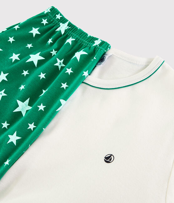 Witte pyjacourt van ribstof uniseks wit MARSHMALLOW/groen GAZON