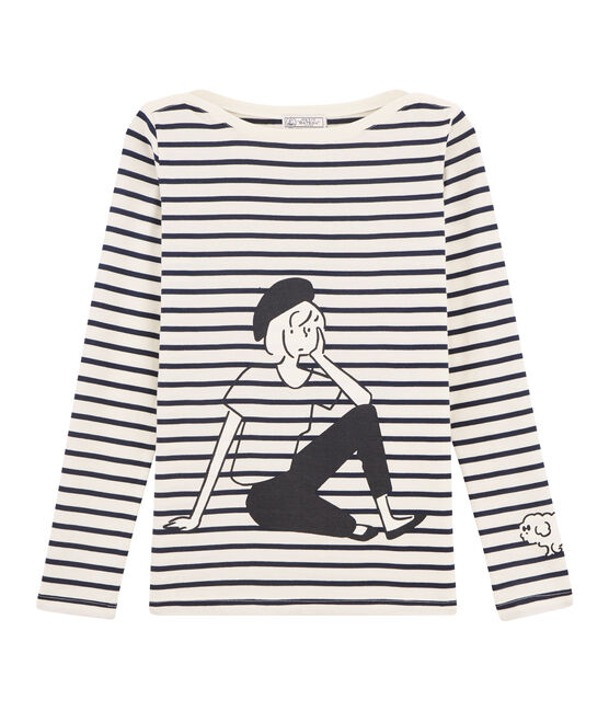 Tee shirt marinière femme beige COQUILLE/bleu SMOKING
