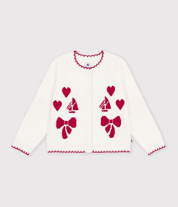 Cardigan enfant en laine et coton &agrave; motifs blanc/rouge
