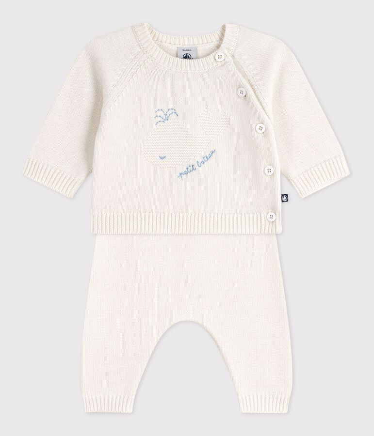 Ensemble 2 pi&egrave;ces b&eacute;b&eacute; en tricot laine et coton et motif baleine blanc MARSHMALLOW