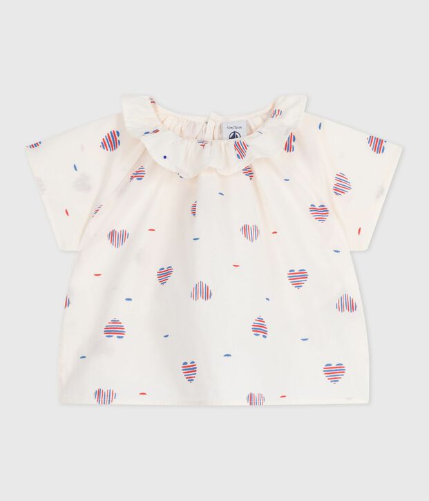Blouse b&eacute;b&eacute; manches courtes en coton, imprim&eacute;e c&oelig;ur &eacute;cru/multicouleur