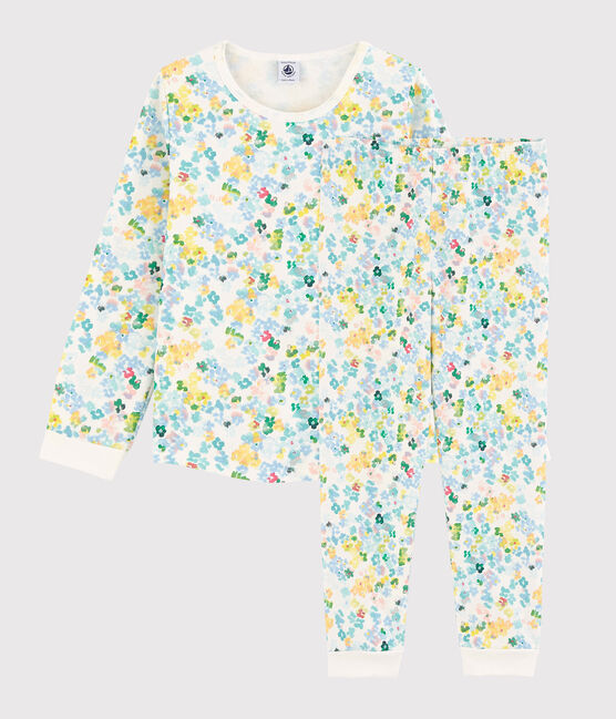 Pyjama à fleurs aquarellées petite fille en molleton blanc MARSHMALLOW/blanc MULTICO