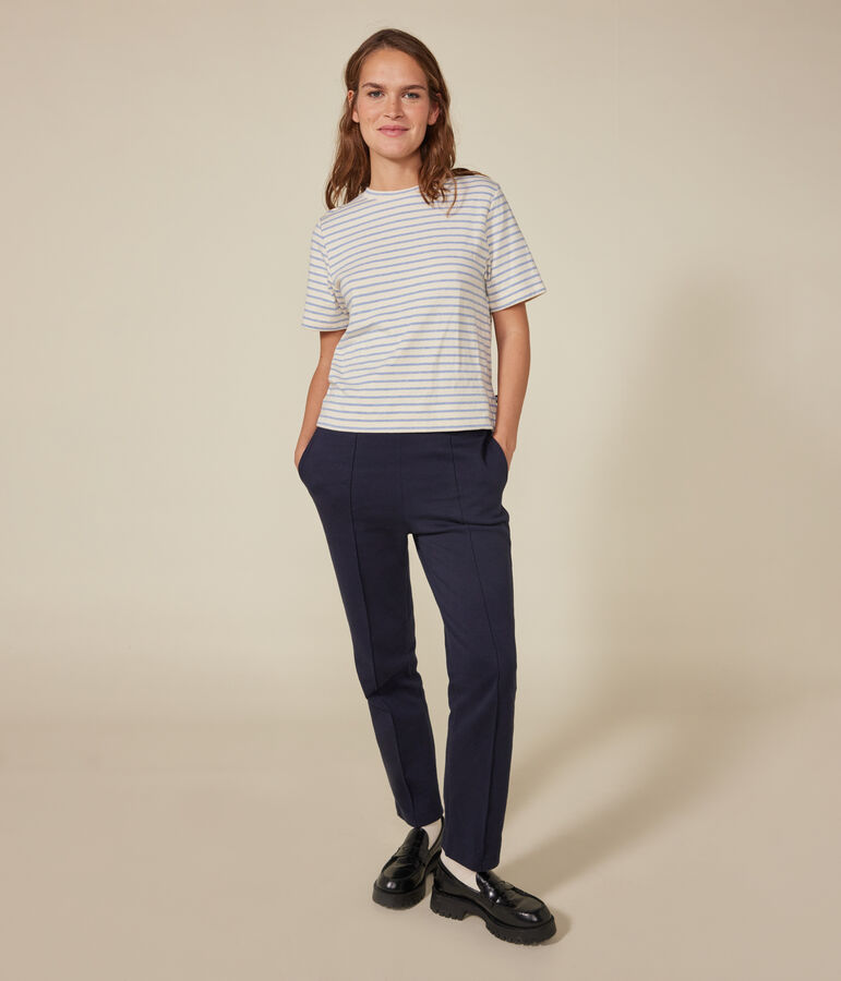 Tee-shirt le Boxy en tubique femme &eacute;cru/bleu