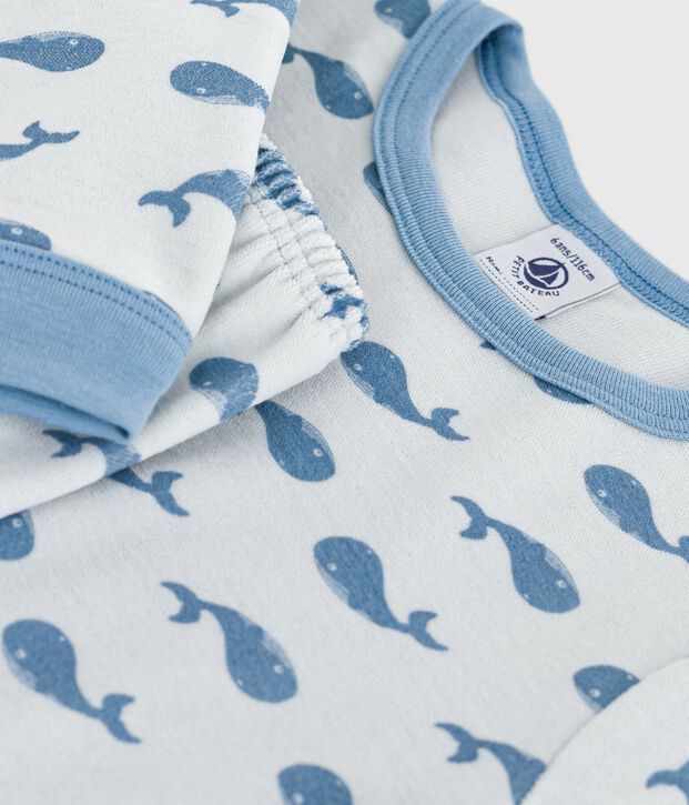 Fluwelen kinderpyjama met walvisjesprint blauw/blauw