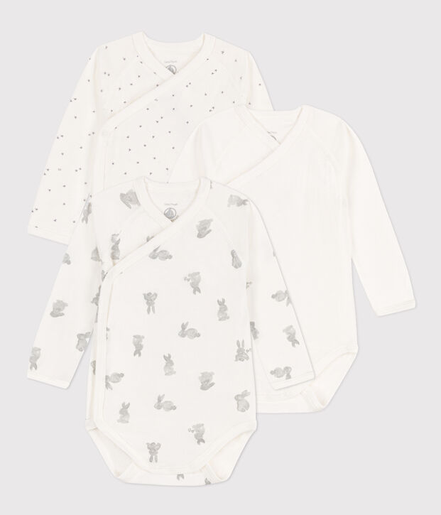 Lot de 3 bodies crois&eacute;s manches longues lapins en coton b&eacute;b&eacute; multicouleur