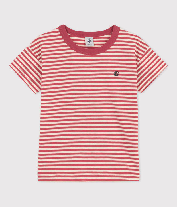Gestreept katoenen T-shirt voor jongens roze/ecru