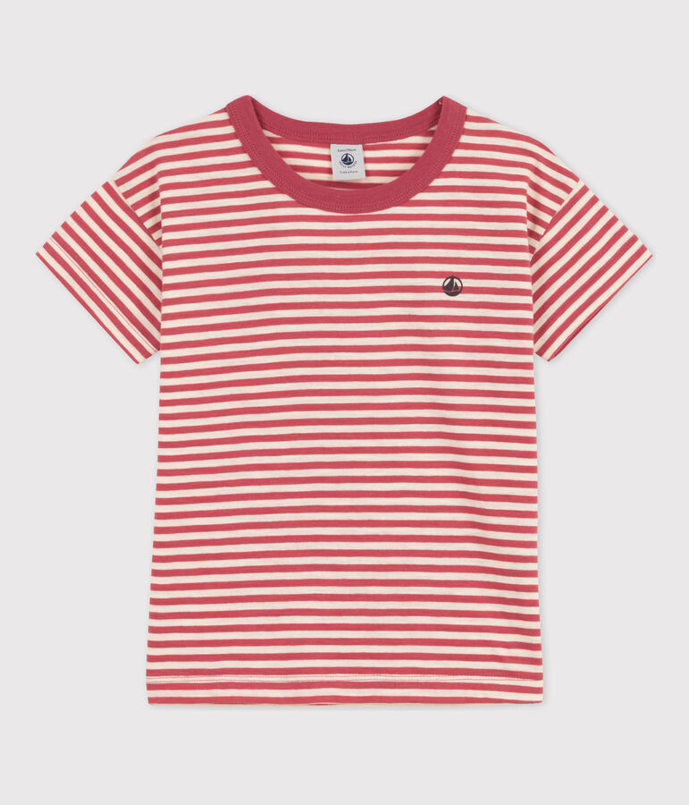 Tee-shirt ray&eacute; en coton enfant gar&ccedil;on rose/&eacute;cru