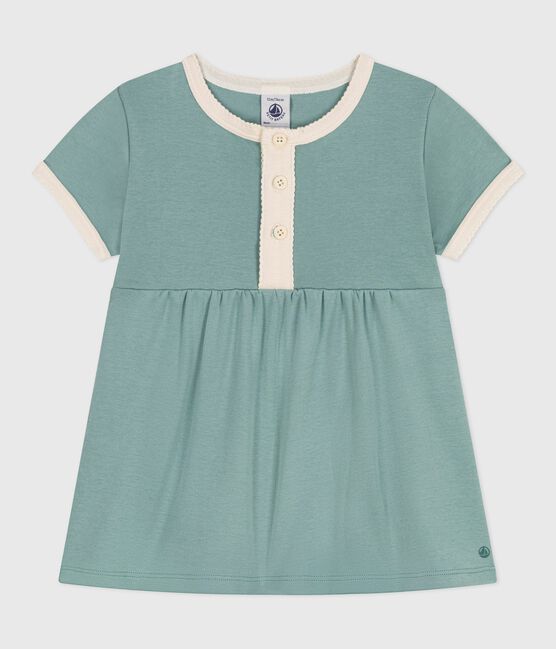 Robe bébé en coton manches courtes, unie à détails contrastés vert PAUL