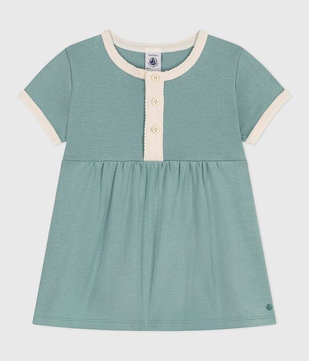 Robe b&eacute;b&eacute; en coton manches courtes, unie &agrave; d&eacute;tails contrast&eacute;s vert