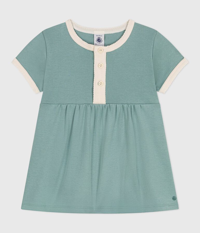 Robe b&eacute;b&eacute; en coton manches courtes, unie &agrave; d&eacute;tails contrast&eacute;s vert