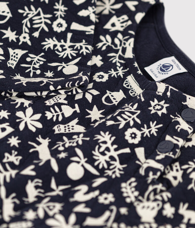 Meisjesjurk met lange mouwen in bedrukte tubic blauw/ecru