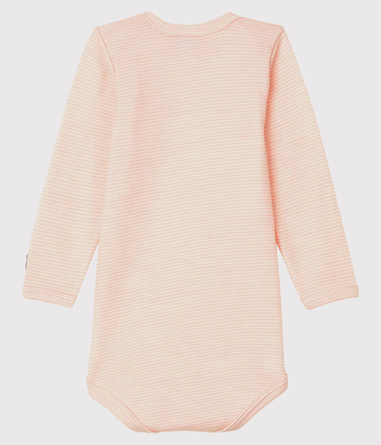 Babybody met lange mouwen en strepen in wol en katoen roze CHARME/wit MARSHMALLOW