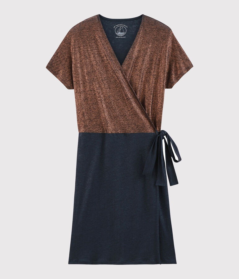 Robe manches courtes femme en lin naturel iris&eacute; bleu SMOKING/rose COPPER