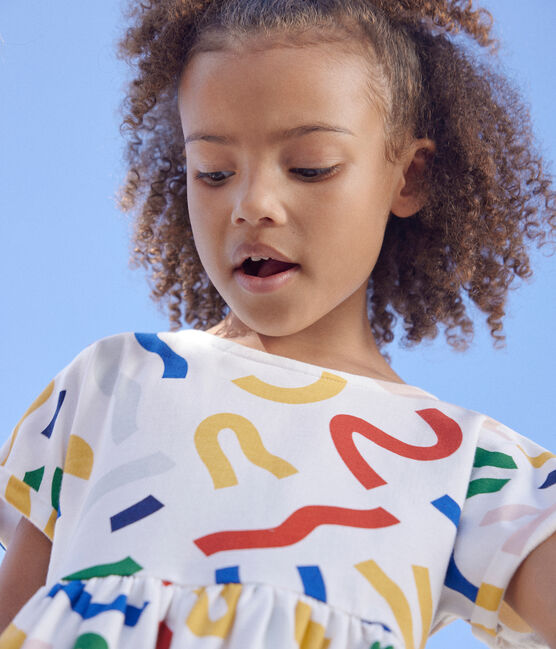 Robe imprimée manches courtes en coton enfant fille blanc MARSHMALLOW/blanc MULTICO
