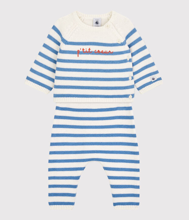 Ensemble 2 pi&egrave;ces marini&egrave;re b&eacute;b&eacute; en tricot laine et coton blanc/bleu