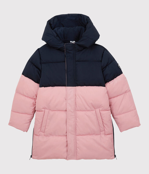 Lang meisjes/jongens donsjack blauw/roze