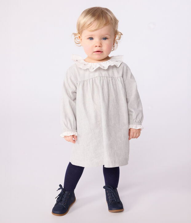 Robe b&eacute;b&eacute; en flanelle manches longues unie &agrave; col gris chin&eacute;