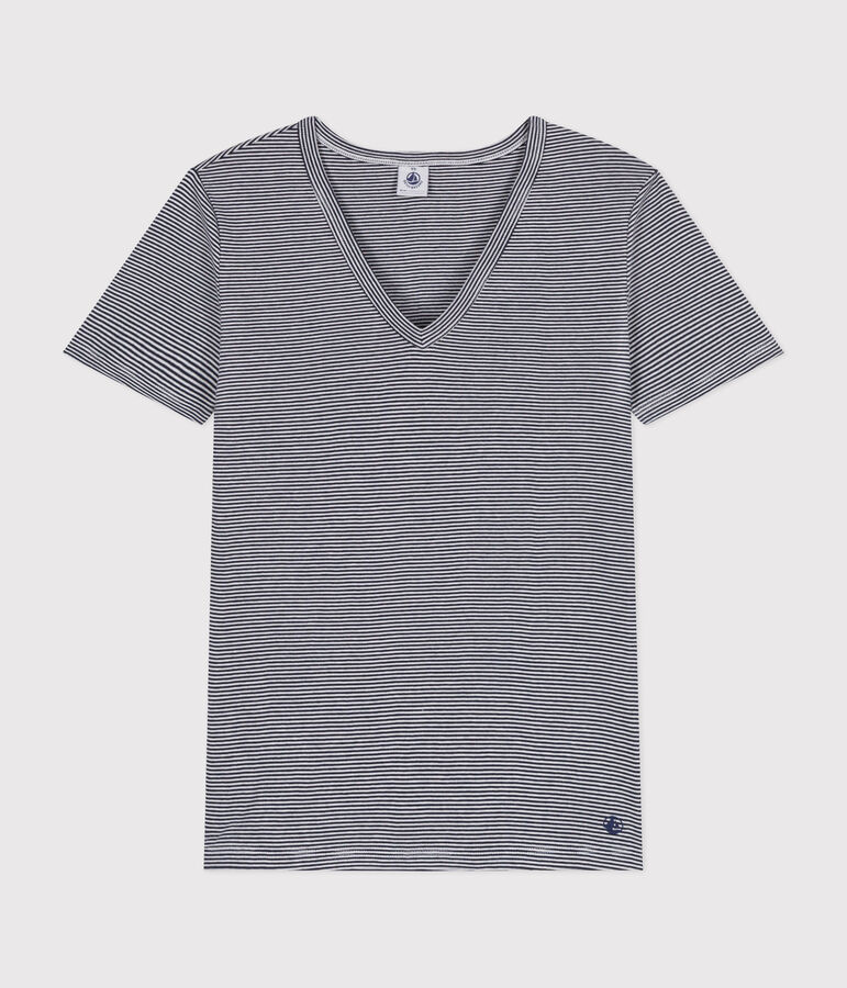Tee-shirt l'Iconique col V en coton ray&eacute; femme bleu/blanc