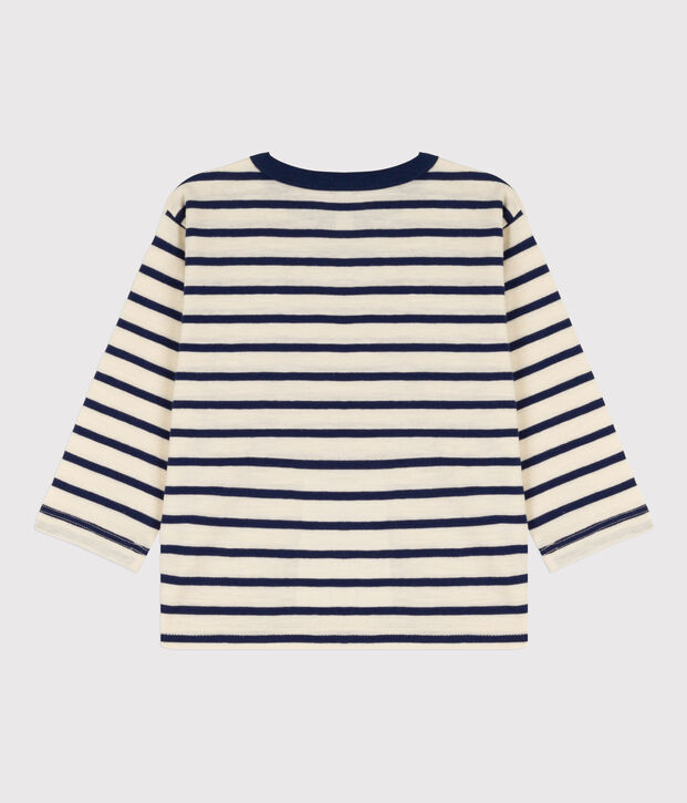 Tee-shirt manches longues b&eacute;b&eacute; en coton &eacute;cru/bleu