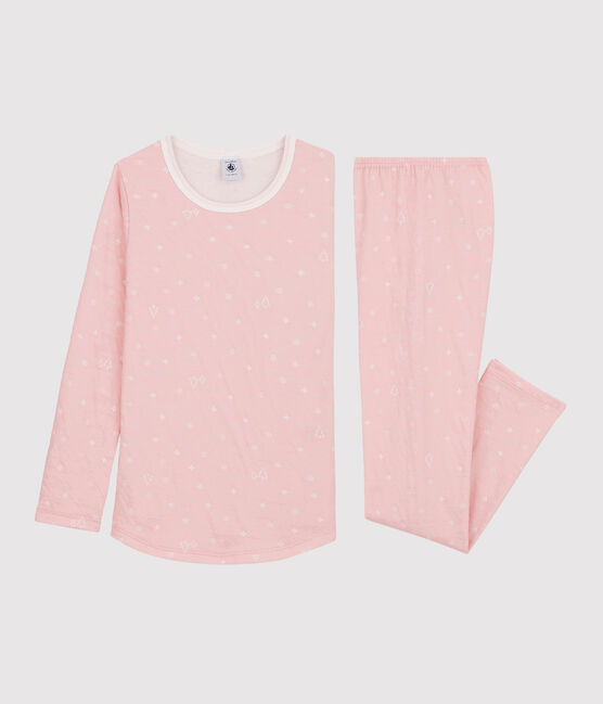 Jacquard meisjespyjama met sneeuwvlokken van wol en katoen roze CHARME/wit MARSHMALLOW