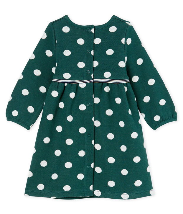 Jurk met lange mouwen en stippen babymeisje groen/wit