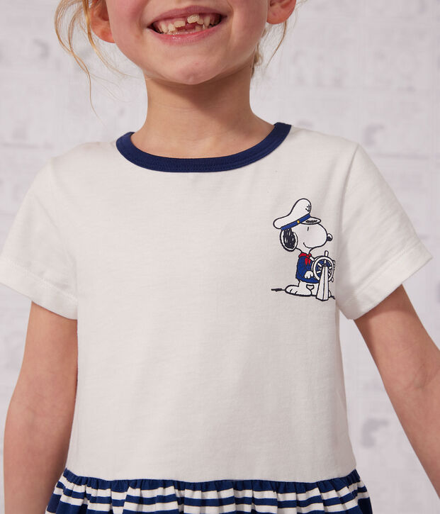 Meisjesjurk met korte mouwen in katoen blauw/wit