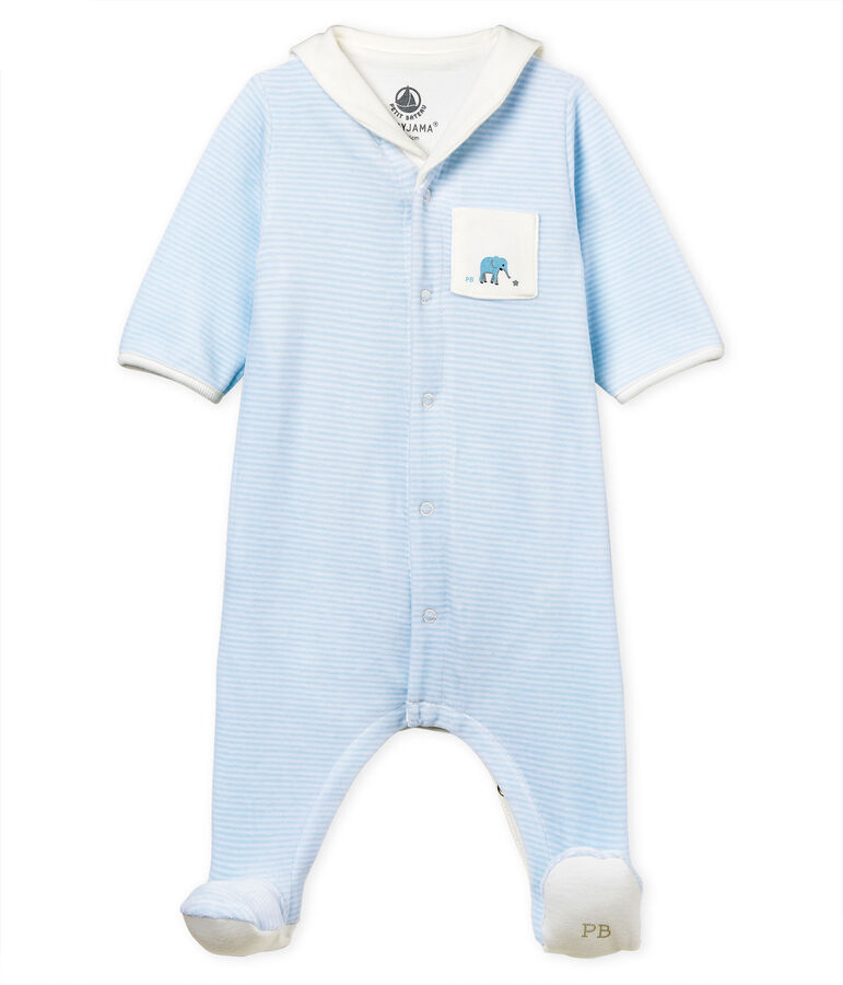 Bodyjama van velours met fijne streepjes voor babyjongen blauw FRAICHEUR/wit ECUME