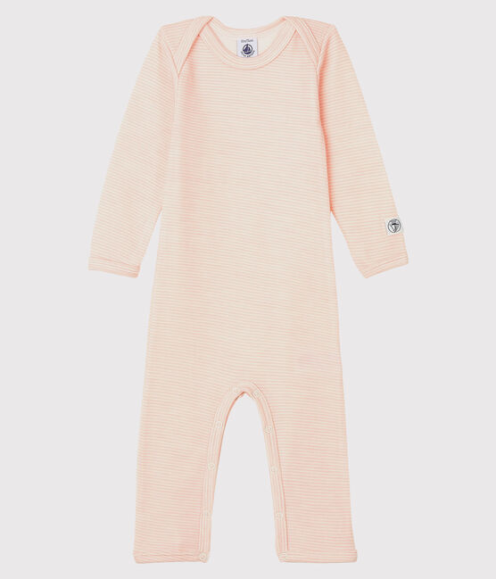Babybody met lange pijpen en strepen in wol en katoen roze CHARME/wit MARSHMALLOW