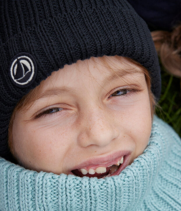 Bonnet en tricot doubl&eacute; en polaire enfant gar&ccedil;on-fille bleu marine