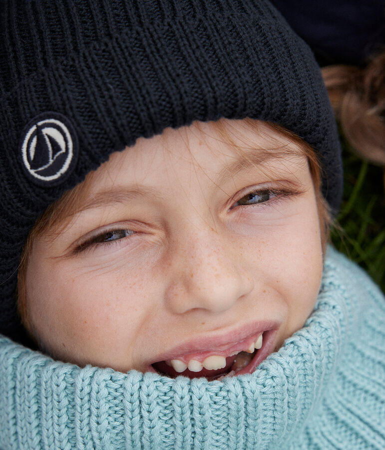 Gebreide kindermuts met fleecevoering blauw