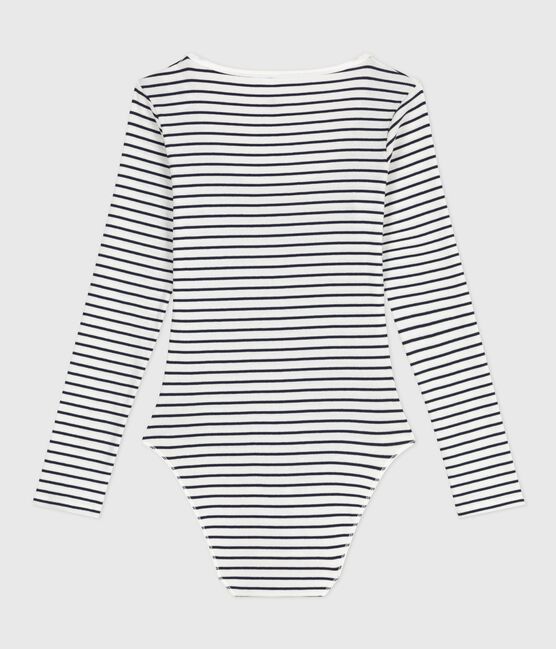 Gestreepte damesbody van katoen en elastaan wit MARSHMALLOW/blauw SMOKING