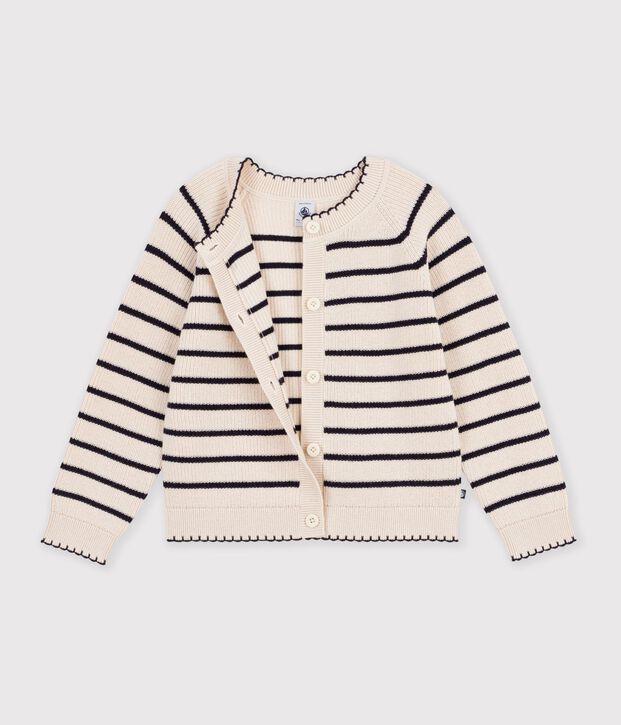 Kindervestje van wol en katoen met strepen ecru/blauw