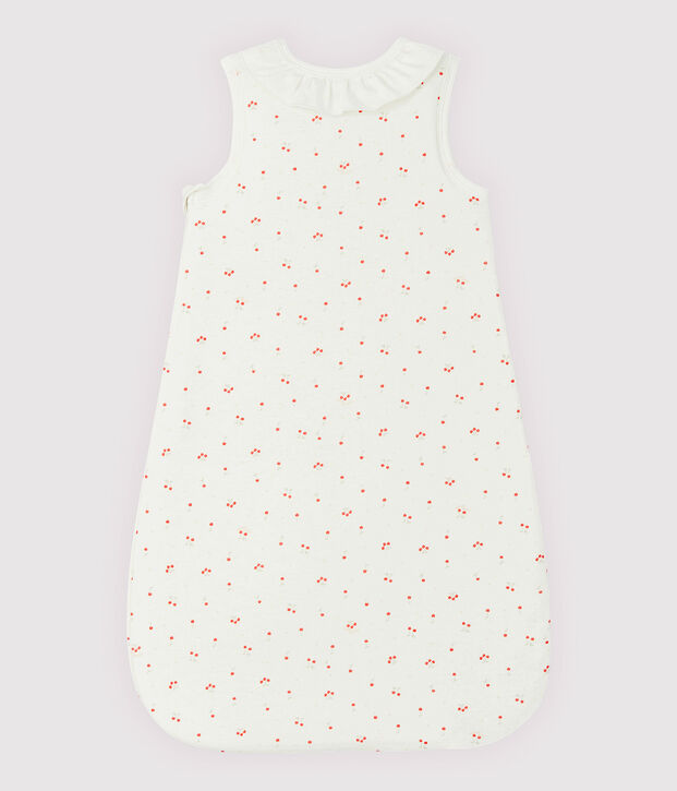 Kersenrode trappelzak van biologisch katoen met kraagje wit/multicouleur