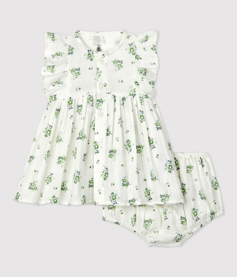 Jurk met bloomer met bloemenprint van biologisch katoengaas voor baby's wit/multicouleur