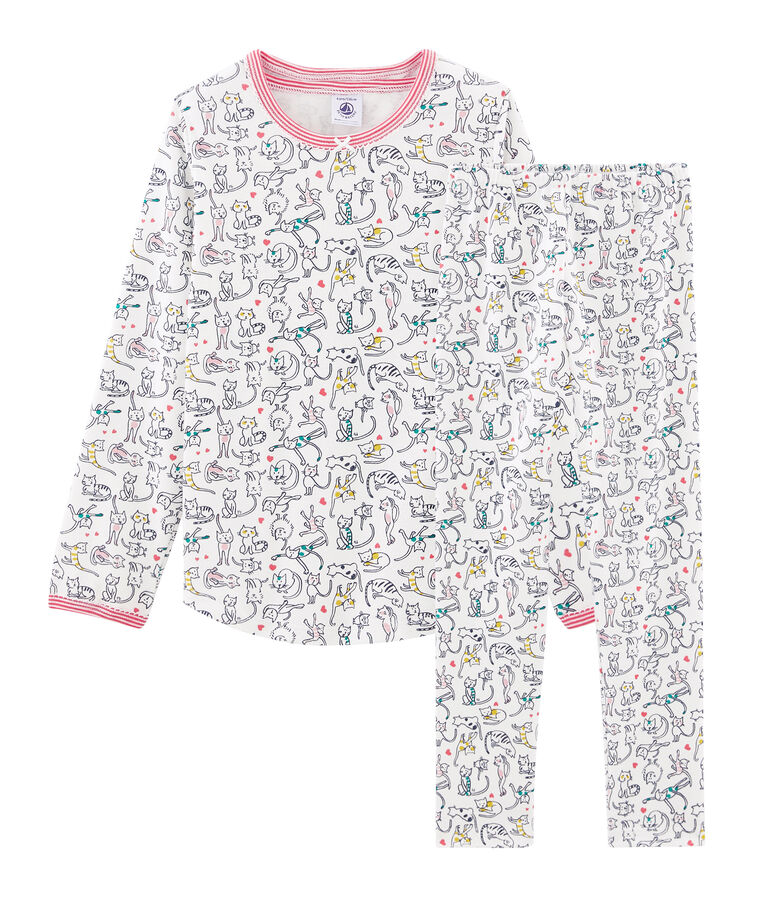 Pyjama petite fille en c&ocirc;te blanc MARSHMALLOW/blanc MULTICO