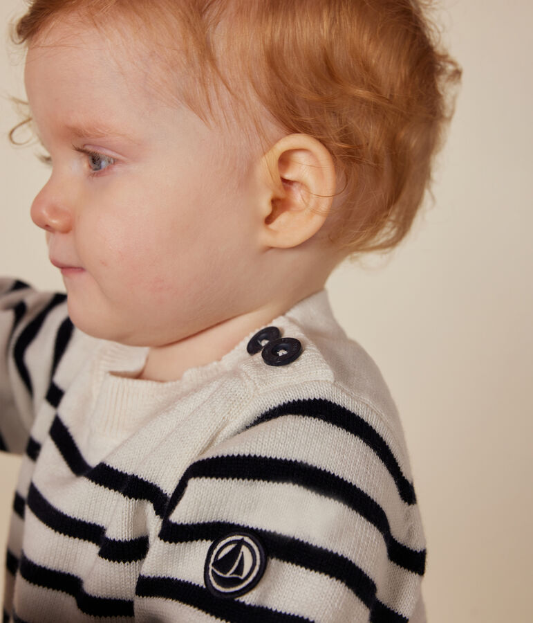 Pull en tricot de laine et coton b&eacute;b&eacute; blanc/bleu