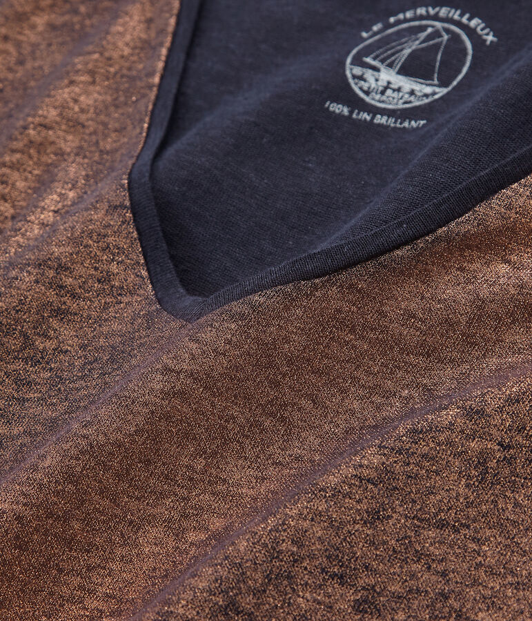 Tee-shirt manches courtes uni femme en lin iris&eacute; bleu SMOKING/rose COPPER