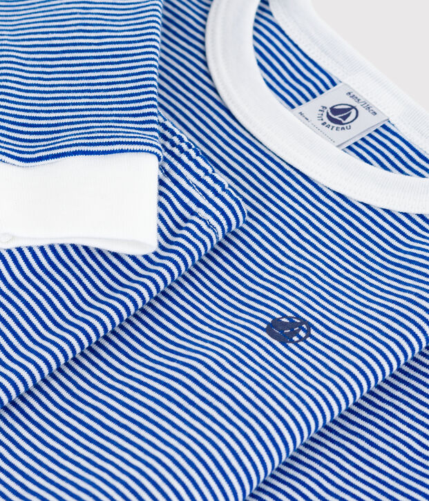 Gestreepte katoenen kinderpyjama met zeer nauw aansluitende pijpen blauw/wit