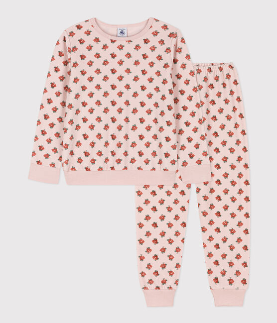 Fluwelen meisjespyjama met bloemetje roze SALINE/wit MULTICO