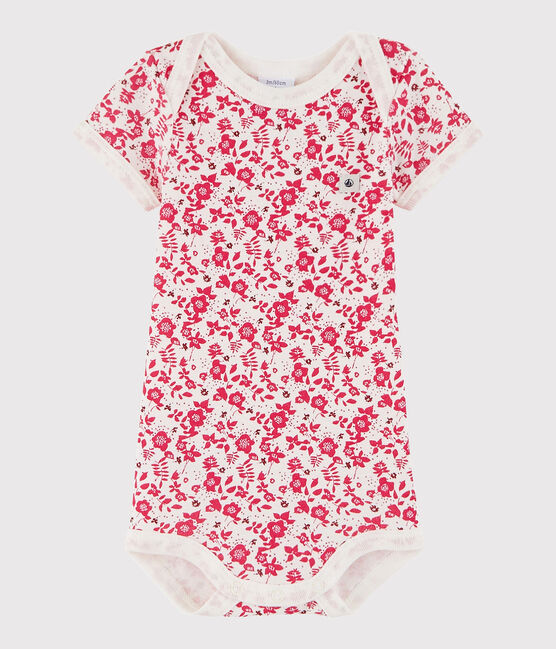 Rompertje met korte mouwen babyjongen wit MARSHMALLOW/roze FLASHY
