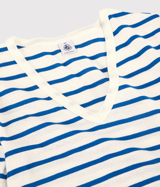 Tijdloos dames-T-shirt met V-hals in biokatoen wit MARSHMALLOW/blauw DELFT