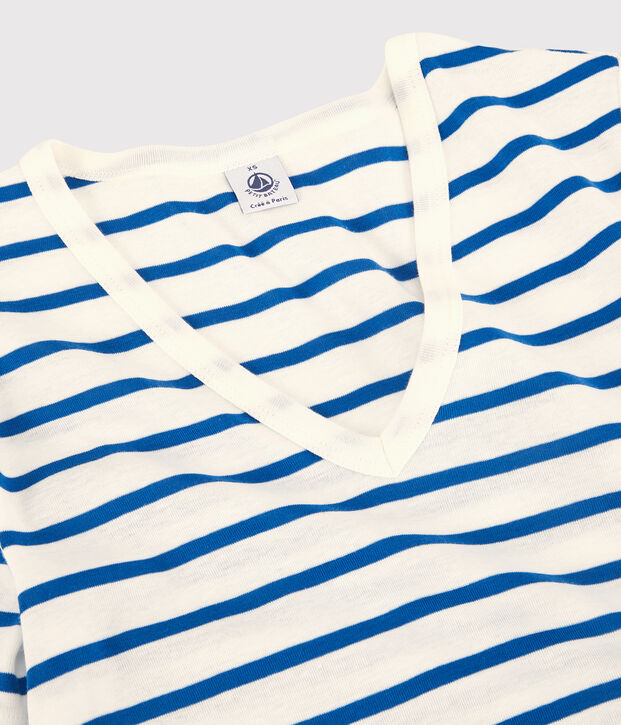 Tee-shirt L'ICONIQUE col V en coton bio Femme blanc/bleu