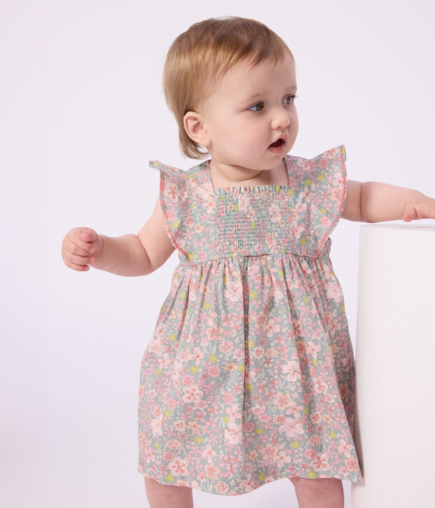 Robe b&eacute;b&eacute; en coton manches courtes et son bloomer imprim&eacute;s fleurs bleu/multicouleur