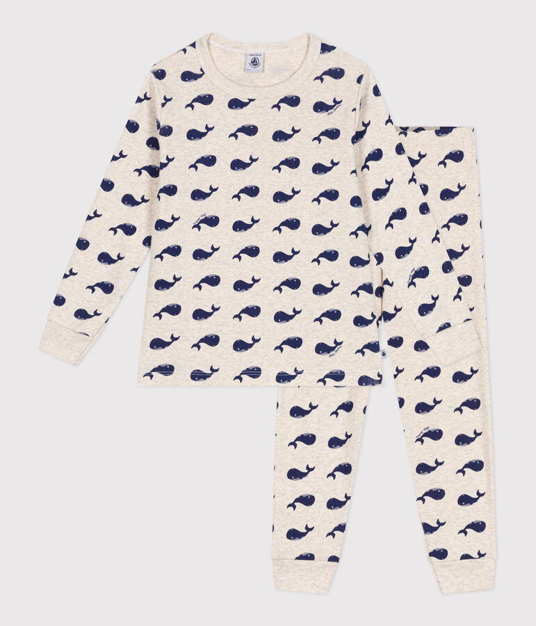 Pyjama enfant en coton imprim&eacute; baleines beige/bleu