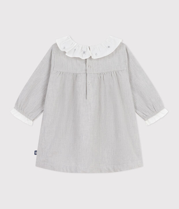 Robe b&eacute;b&eacute; en flanelle manches longues unie &agrave; col gris chin&eacute;