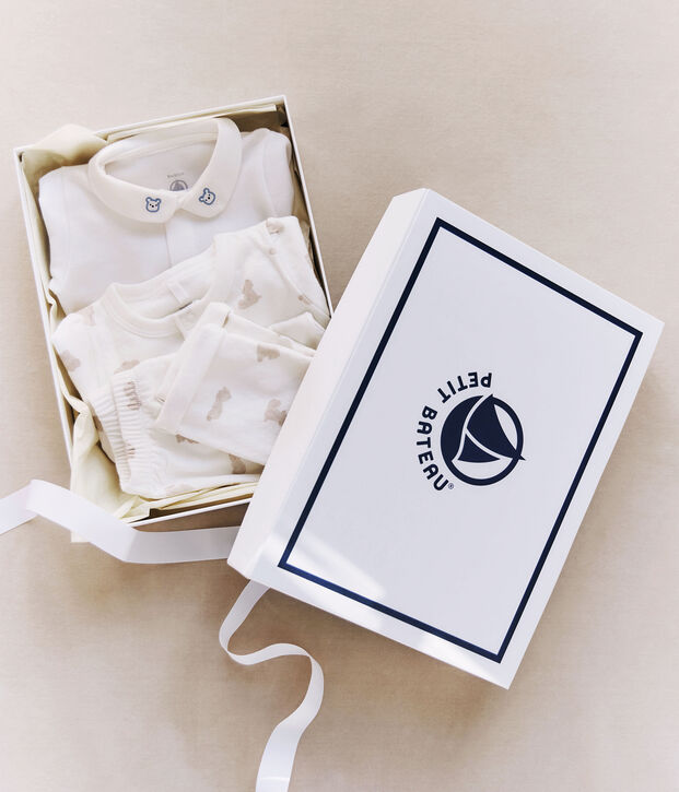Driedelige cadeauset met beertjesprint van katoen wit/BRUN