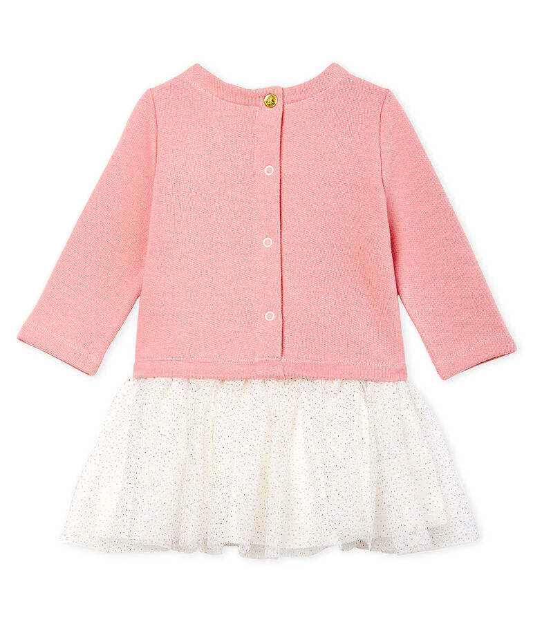 Jurk met lange mouwen twee soorten materiaal babymeisje roze CHARME/wit MULTICO